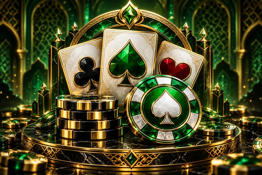 Playing cards and emerald casino chips