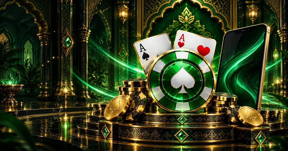 Veer Game illustration with emerald chips, playing cards and a phone